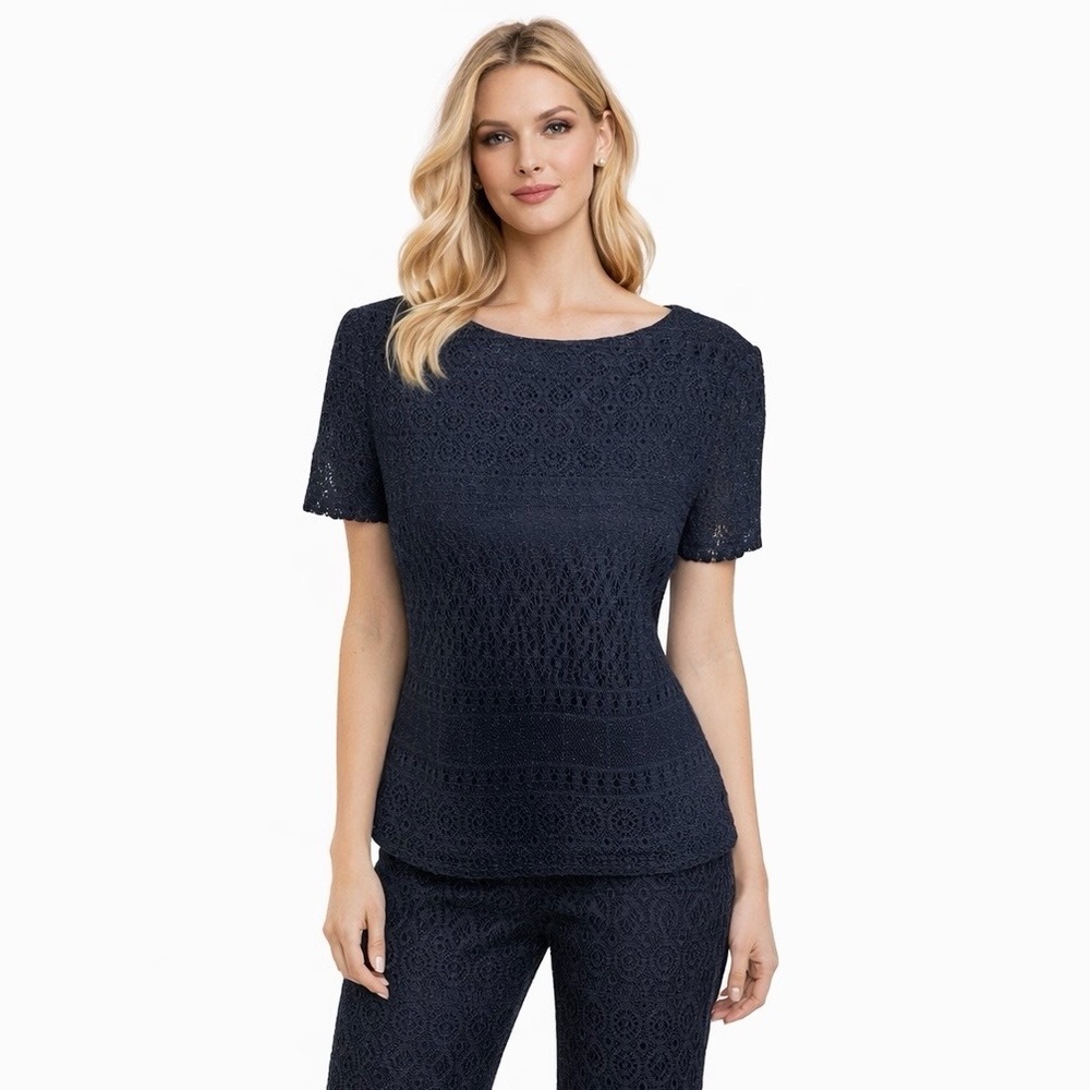 Halmode Petites Women’s Top Size 12P Navy Blue Short Sleeve Shimmer Button Back